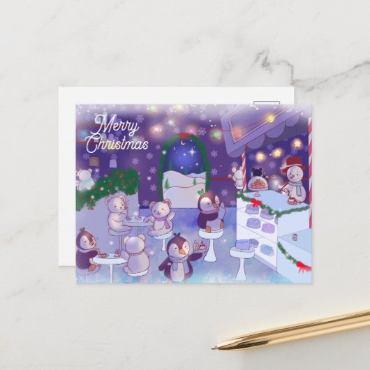 Merry Kerstmis Snowman Cafe Feestdagenkaart (Voorkant / Achterkant in situ)