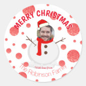 Merry Kerstmis Snowman Funny Fotogezicht Ronde Sticker (Voorkant)