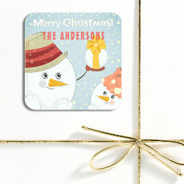 Merry Kerstmis Snowman Winter Feestdagen Naam Vierkante Sticker