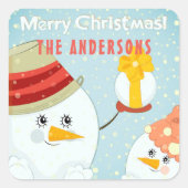 Merry Kerstmis Snowman Winter Feestdagen Naam Vierkante Sticker (Voorkant)