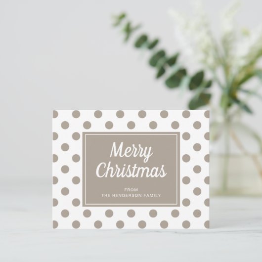 Merry Kerstmis Taupe Beige Polka Dots Briefkaart (Staand voorkant)