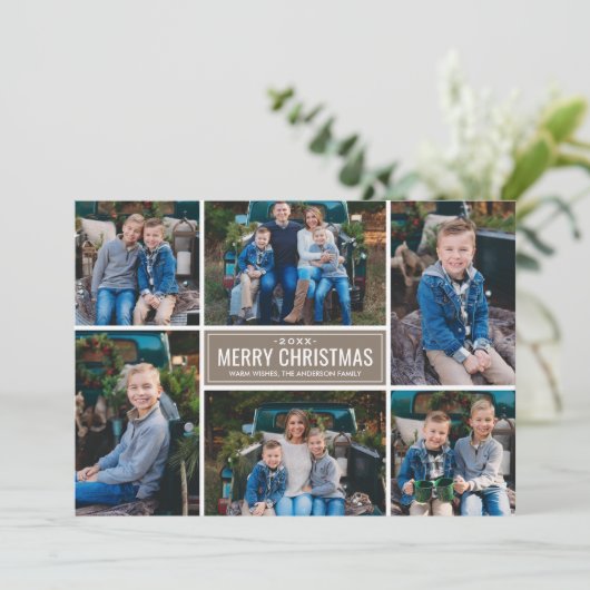 Merry Kerstmis Taupe Gray Photo Collage Feestdagenkaart (Staand voorkant)