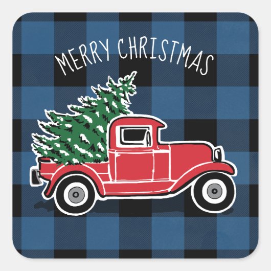Merry Kerstmis  Truck Blue Buffalo Pset Vierkante Sticker (Voorkant)