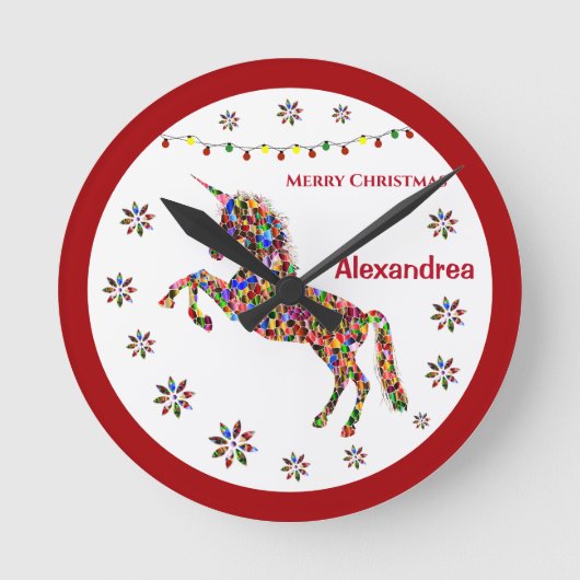 Merry Kerstmis Unicorn Glitter Personaliseren Ronde Klok (Voorkant)