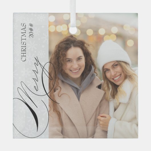 Merry Kerstmis Vertical Photo Snowflake Glas Ornament (Voorkant)
