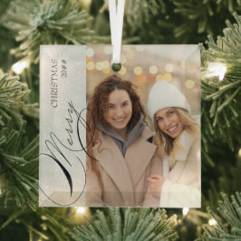 Merry Kerstmis Vertical Photo Snowflake Glas Ornament