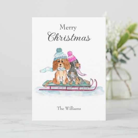 Merry Kerstmis Waterverf Cavalier King Charles Feestdagenkaart (Staand voorkant)