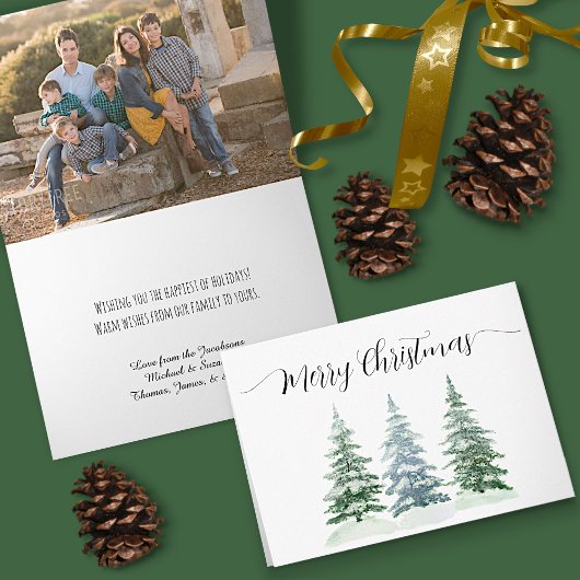 Merry Kerstmis Waterverf Pine Trees Foto Inside Feestdagen Kaart