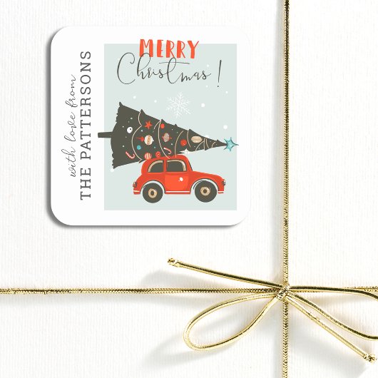Merry Kerstmis Whimsical Car Tree (aangepast) Vierkante Sticker