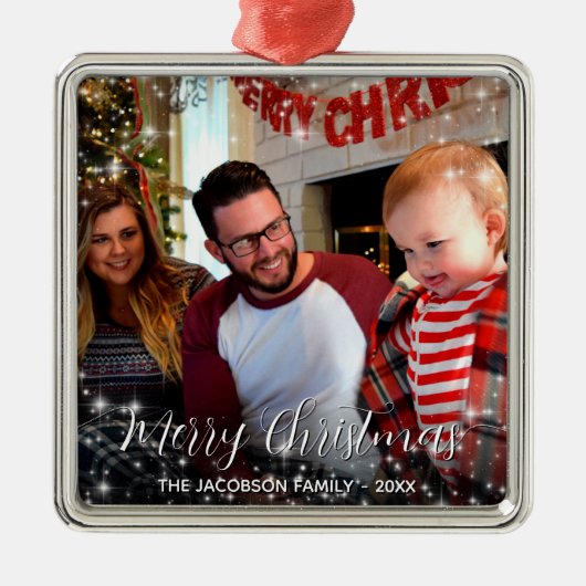 Merry Kerstmis Whimsical Sparkles Holiday Foto Metalen Ornament (Voorkant)