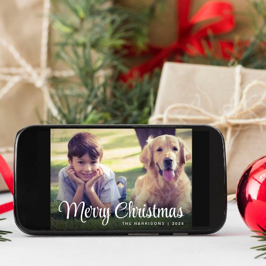 Merry Kerstmis White Script Photo Overlay Feestdagen Kaart