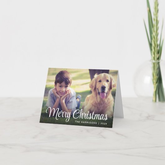 Merry Kerstmis White Script Photo Overlay Feestdagen Kaart (Voorkant)
