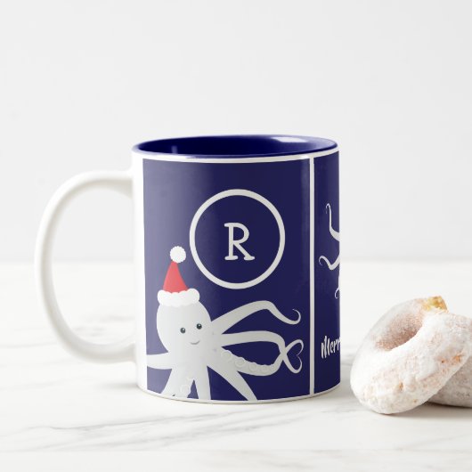 Merry Kerstmonogram Octopus Santa Hat Blue Tweekleurige Koffiemok (Met donut)
