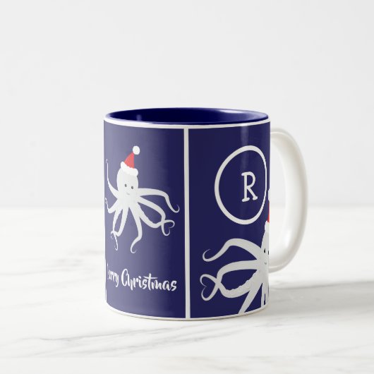 Merry Kerstmonogram Octopus Santa Hat Blue Tweekleurige Koffiemok (Voorkant rechts)