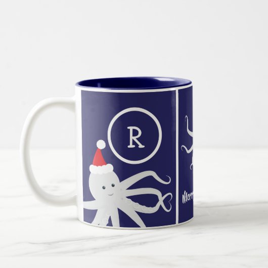 Merry Kerstmonogram Octopus Santa Hat Blue Tweekleurige Koffiemok (Links)