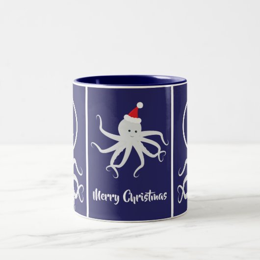 Merry Kerstmonogram Octopus Santa Hat Blue Tweekleurige Koffiemok (Center)