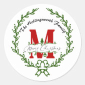 Merry Kerstmonogram Wreath Ronde Sticker (Voorkant)