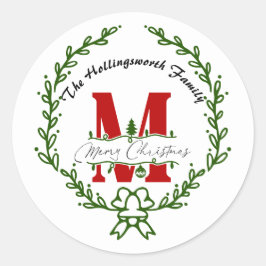 Merry Kerstmonogram Wreath Ronde Sticker
