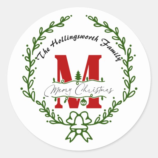 Merry Kerstmonogram Wreath Ronde Sticker (Voorkant)
