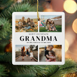 Merry Kerstoma 4 Foto Collage Keramisch Ornament<br><div class="desc">Zeg vrolijk kerstfeest tegen oma dit vakantieseizoen met een gepersonaliseerd kerstornament met 4 van je favoriete foto's en kleinkinderen kinder namen. Alle tekst in dit ontwerp is bewerkbaar,  zodat u uw eigen bericht of tekst kunt toevoegen. Verkrijgbaar in verschillende kleuren,  stijlen en producten.</div>