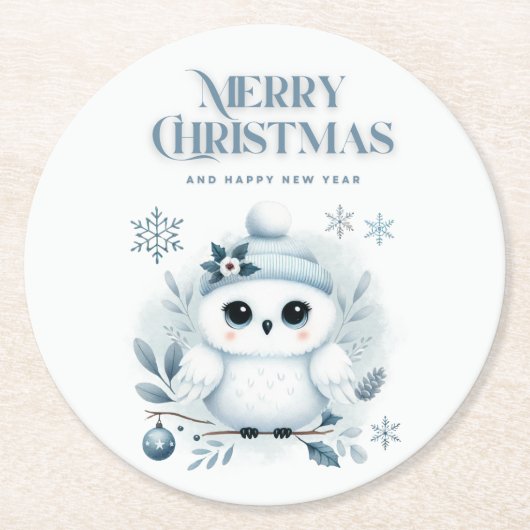 Merry Kerstoowl Ronde Kartonnen Onderzetter (Voorkant)