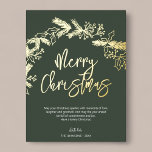 Merry kerstpenseel script Berry Leaves Green Folie Feestdagen Briefkaart<br><div class="desc">Kerstkaartjes dragen de smaak van holly berry en pijnboombladeren.</div>