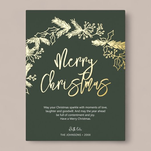 Merry kerstpenseel script Berry Leaves Green Folie Feestdagen Briefkaart