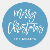 Merry kerstpenseel Script Blue, aangepast Ronde Sticker (Voorkant)