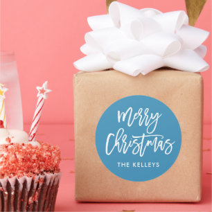 Merry kerstpenseel Script Blue, aangepast Ronde Sticker
