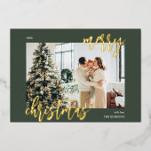 Merry kerstpenseel Script Foto groen Folie Feestdagenkaart (Voorkant)