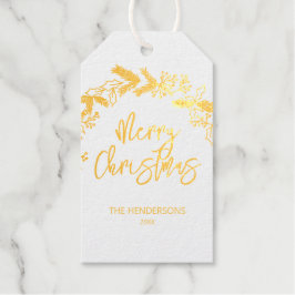 Merry kerstpenseel Script Pine Berry Leaves Cadeaulabels