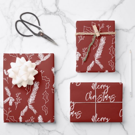 Merry kerstpine Berries Pattern Red Wrapping Inpakpapier Vel (Voorkant)