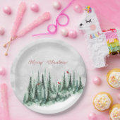 Merry Kerstpine Tree Forest Kardinaal Birds Papieren Bordje (Feest)