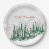 Merry Kerstpine Tree Forest Kardinaal Birds Papieren Bordje (Voorkant)