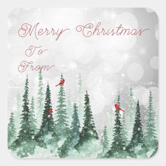 Merry Kerstpine Tree Forest Kardinaal Birds Vierkante Sticker (Voorkant)