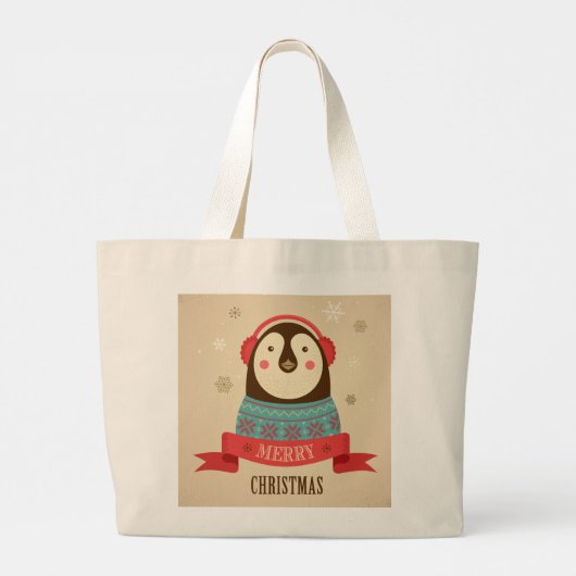 Merry Kerstpinguin Grote Tote Bag (Achterkant)