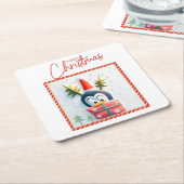 Merry Kerstpinguin Kartonnen Onderzetters (Schuin)
