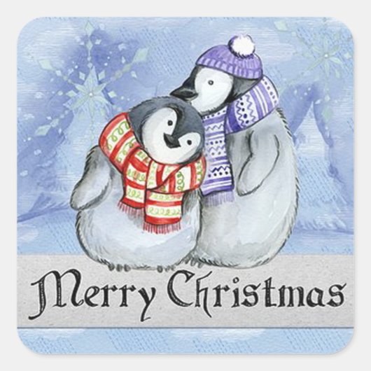 Merry Kerstpinguin Vierkante Sticker (Voorkant)