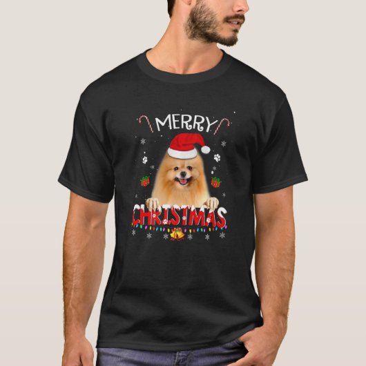 Merry Kerstpommeranian Dog Santa Hat Lights Xm T-shirt (Voorkant)