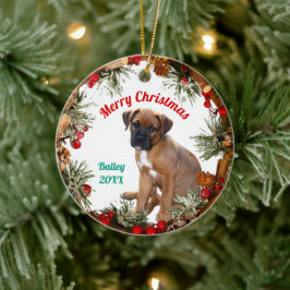 Merry Kerstpuppy Dog gepersonaliseerd Keramisch Ornament