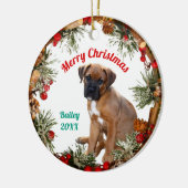 Merry Kerstpuppy Dog gepersonaliseerd Keramisch Ornament (Links)