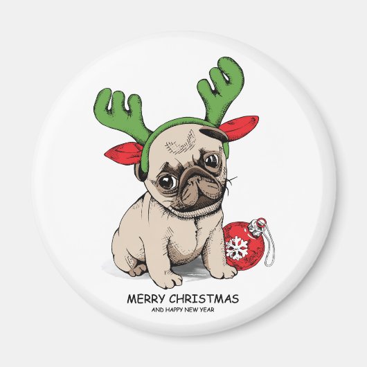 Merry Kerstpuppy Pug Magneet (Voorkant)
