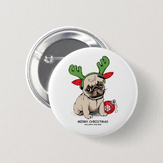 Merry Kerstpuppy Pug Ronde Button 5,7 Cm (Voorkant /achterkant)