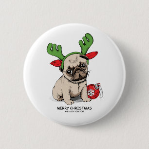 Merry Kerstpuppy Pug Ronde Button 5,7 Cm