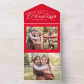 Merry Kerstred 4 foto, uniek op feestdag, drievoud All In One Uitnodiging (Binnen)