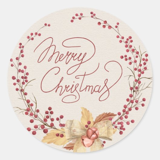 Merry KerstRed Berry Wreath Ronde Sticker (Voorkant)