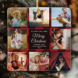 Merry Kerstred Plays Multiple Photo Collage Keramisch Ornament<br><div class="desc">Perfect cadeau voor de Feestdagen: Een aangepast modern trendy Instagram Foto Collage-versiering met een gepersonaliseerd bericht en 16 favoriete familiefoto's op een rode buffalo plaid background. Maak dit tot een keepasachtig cadeau voor je moeder, vader, zus, tante, of een ander familielid of vriend - het zal een glimlach op hun...</div>