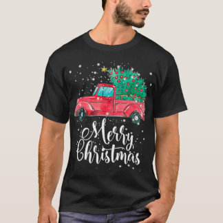 Merry Kerstred Truck Pick Up Tree Family Paja T-shirt