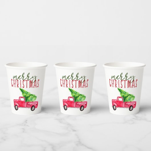 Merry KerstRed Truck Typography Tree Festive Papieren Bekers (Multi)