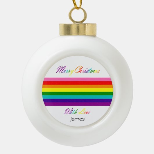 Merry Kerstregenboogvlag LGBT Naam toevoegen Keramische Bal Ornament (Voorkant)